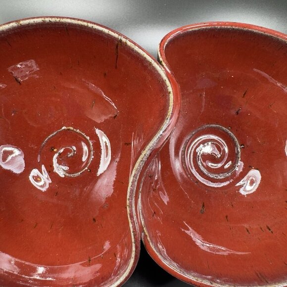 Vintage Hand Made Studio Art Pottery Divided Dish Double Salsa Bowl Chip N Dip - Picture 8 of 16